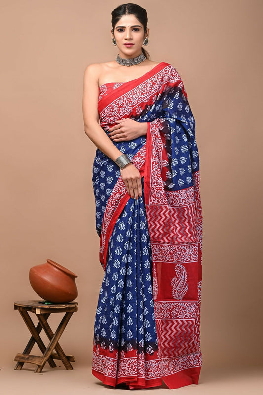 Exclusive Collection Blue Red Beautiful Mulmul Cotton Grab2Buy 