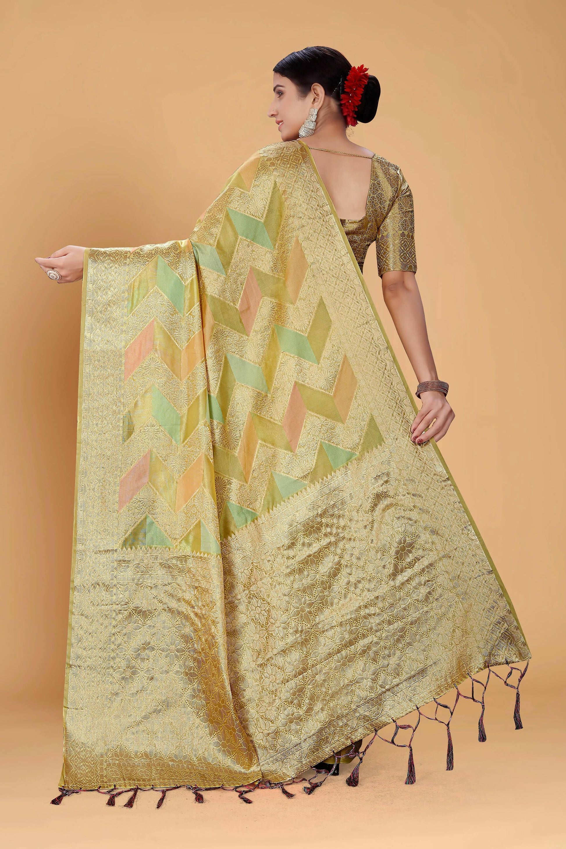 Pista Soft Organza Woven Design Saree With Unstitched Blouse Piece - Zaara
