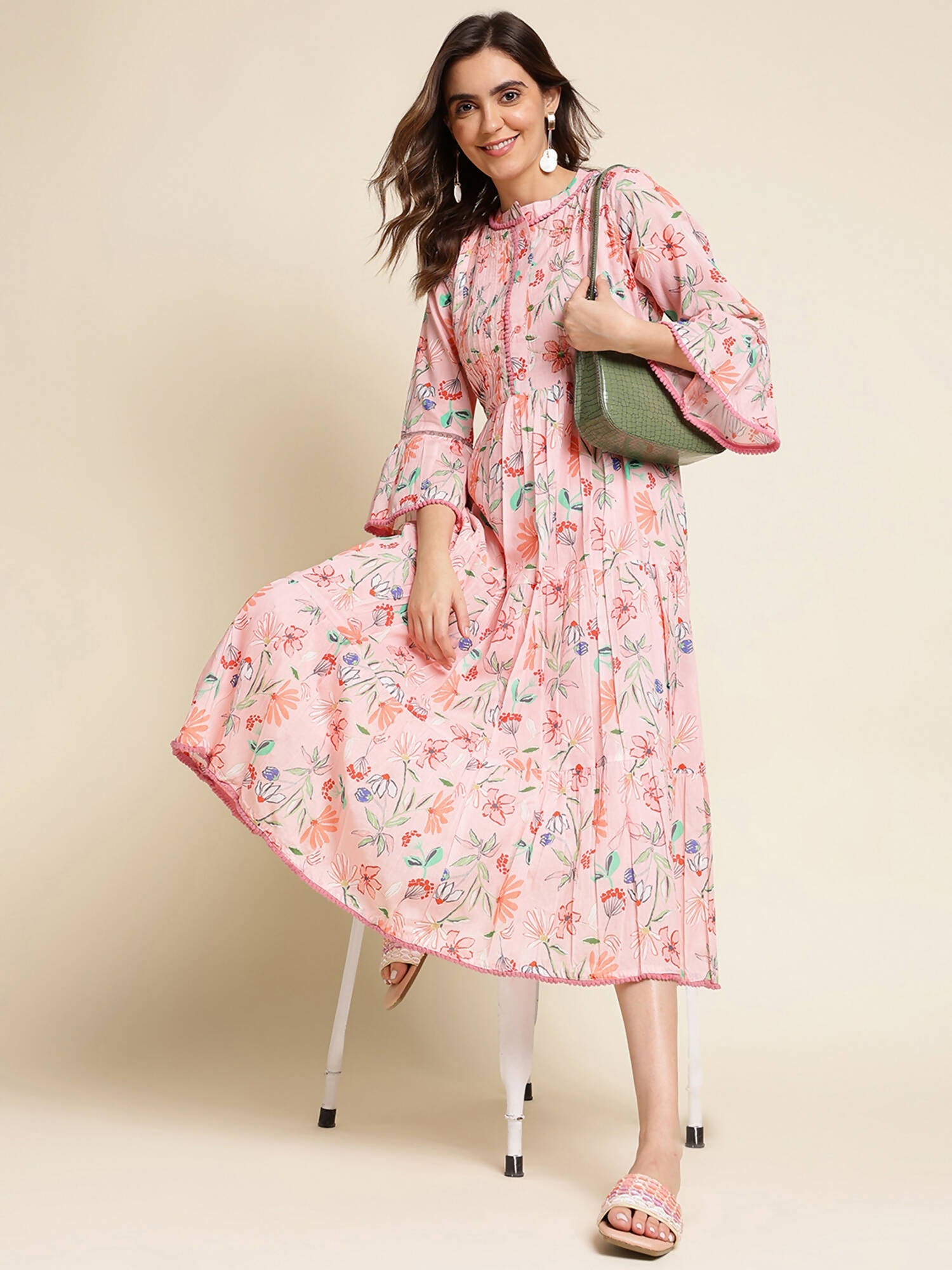 Pink Cotton Floral Printed Dress - Nandani