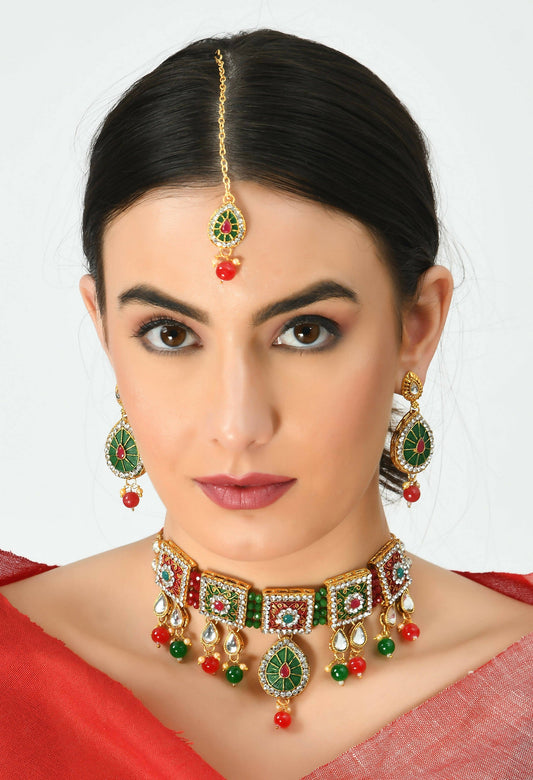 Mominos Fashion Johar Kamal Gold-Plated Brass Finish Meena & Pearls Work Choker For Women - Grab2buy