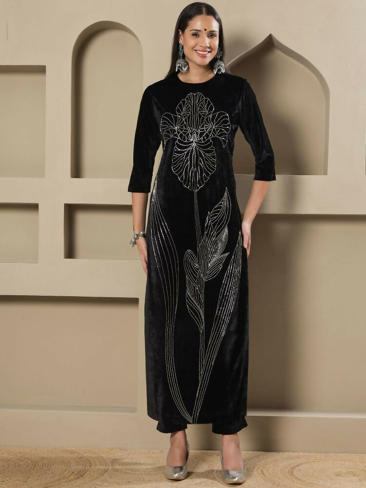 Joban Fashion Women Black Velvet Hand Embellishment Stitched Kurta Set