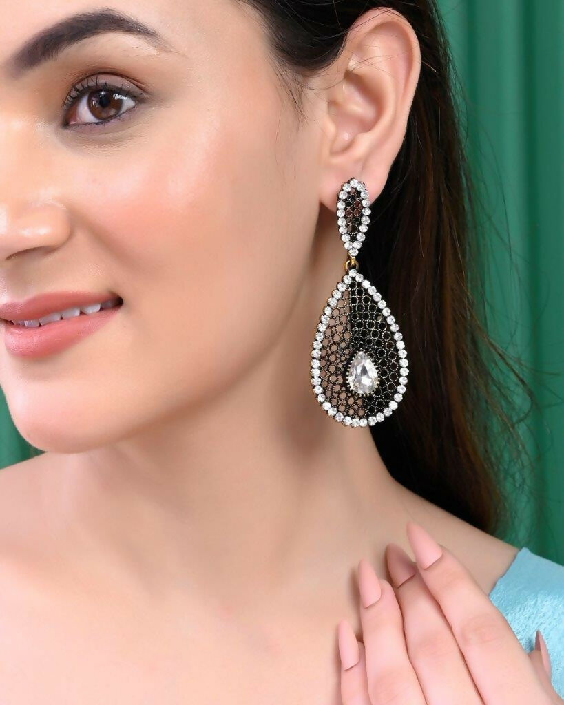 VOJ Set Of 2 Earrings- Blue Printed Jhumka With Black AD Studded Drop Earrings - Grab2buy