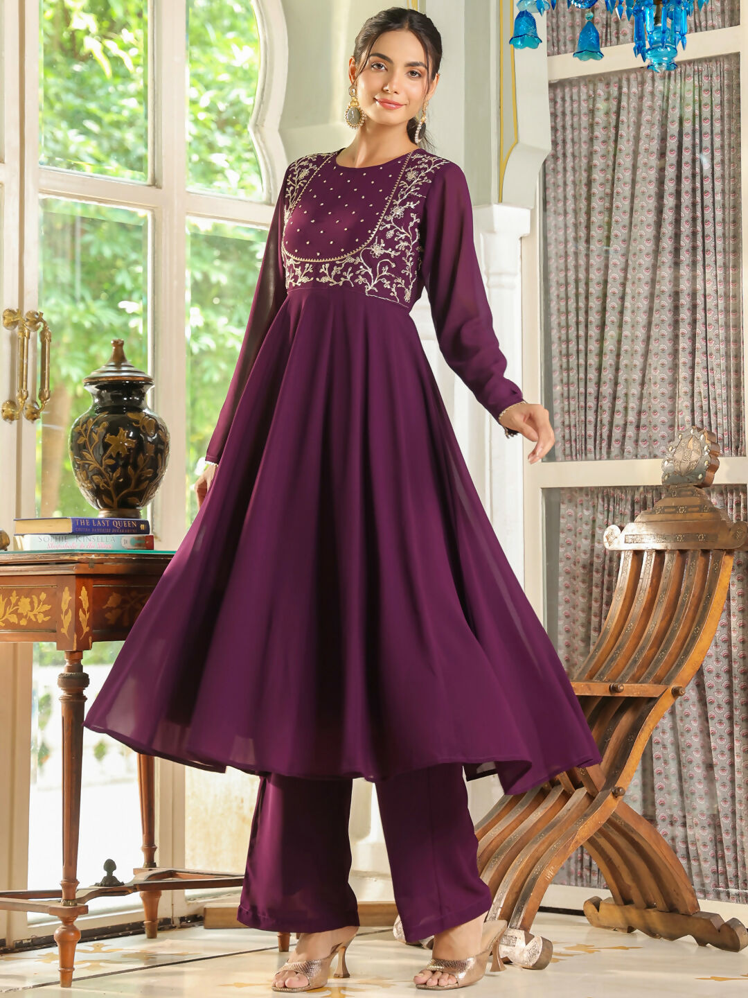 Janasya Purple Georgette Embroidered Kurta,Bottom & Dupatta 