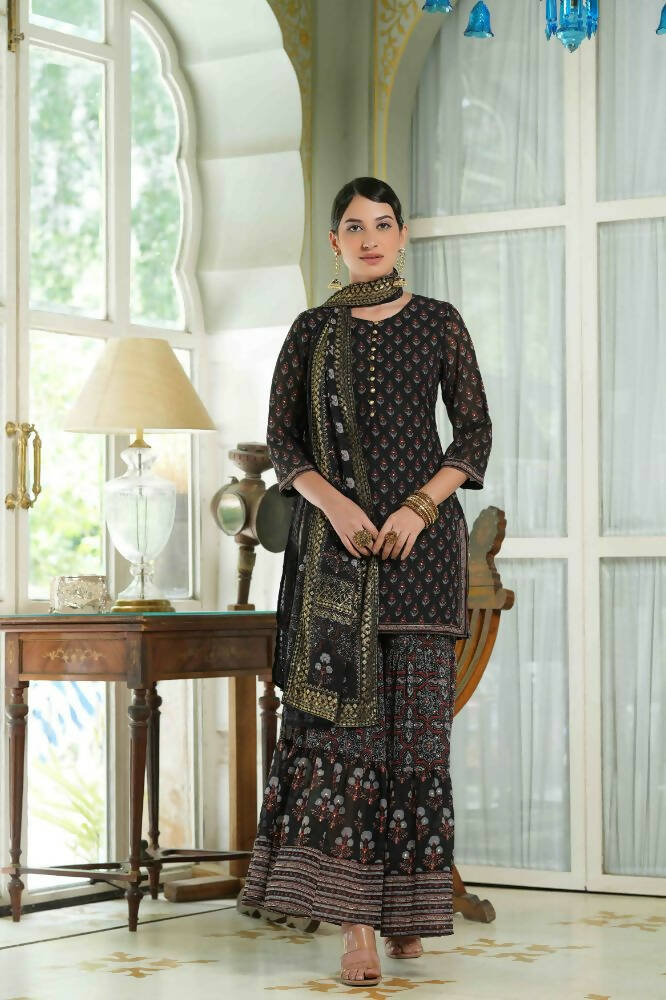 Juniper Black Georgette Festive Floral Print Straight Tunic-Sharara For Women 
