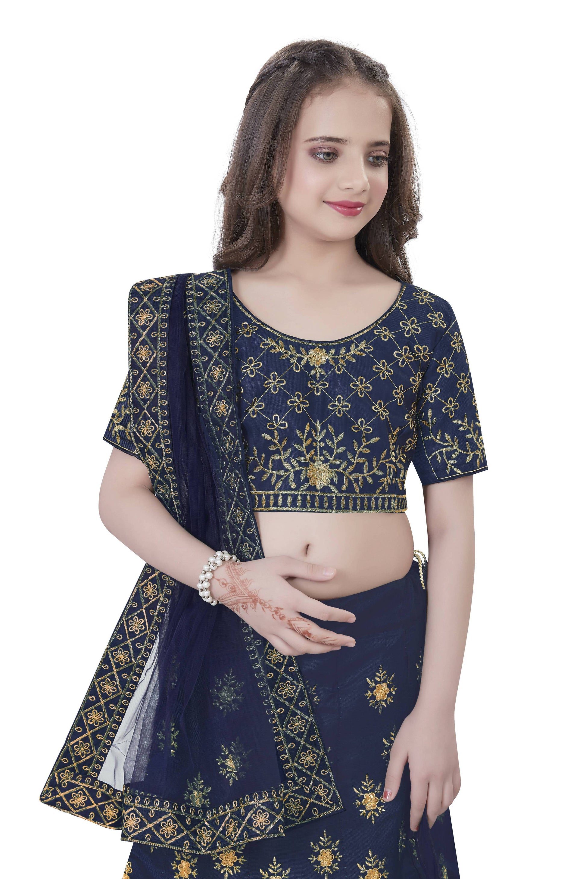 Dwiden Navy Blue Lehriyu Tafetta Sattin Semi-Stitched Girl's Lehenga Choli