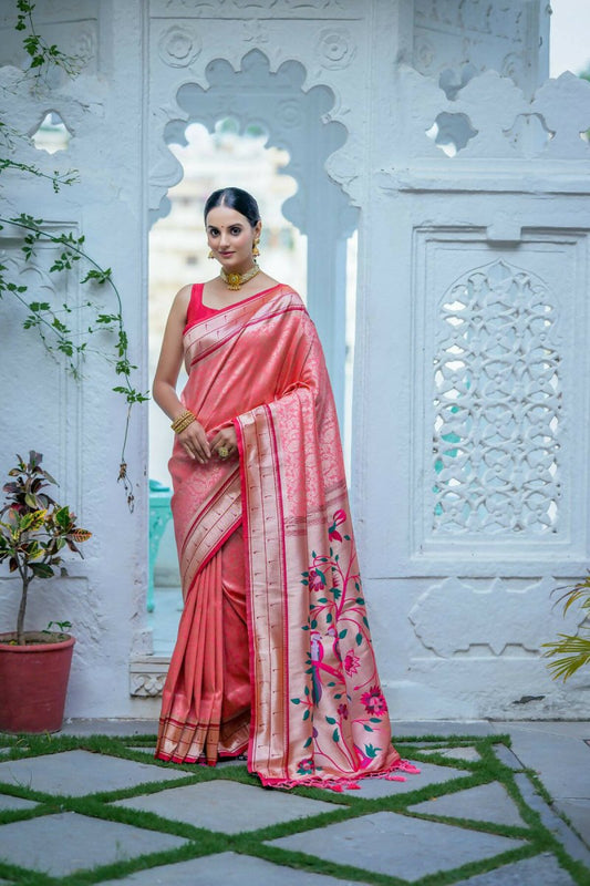 Aastha Fashion Peach Woven Kanjivaram Silk Saree with Blouse - Grab2buy