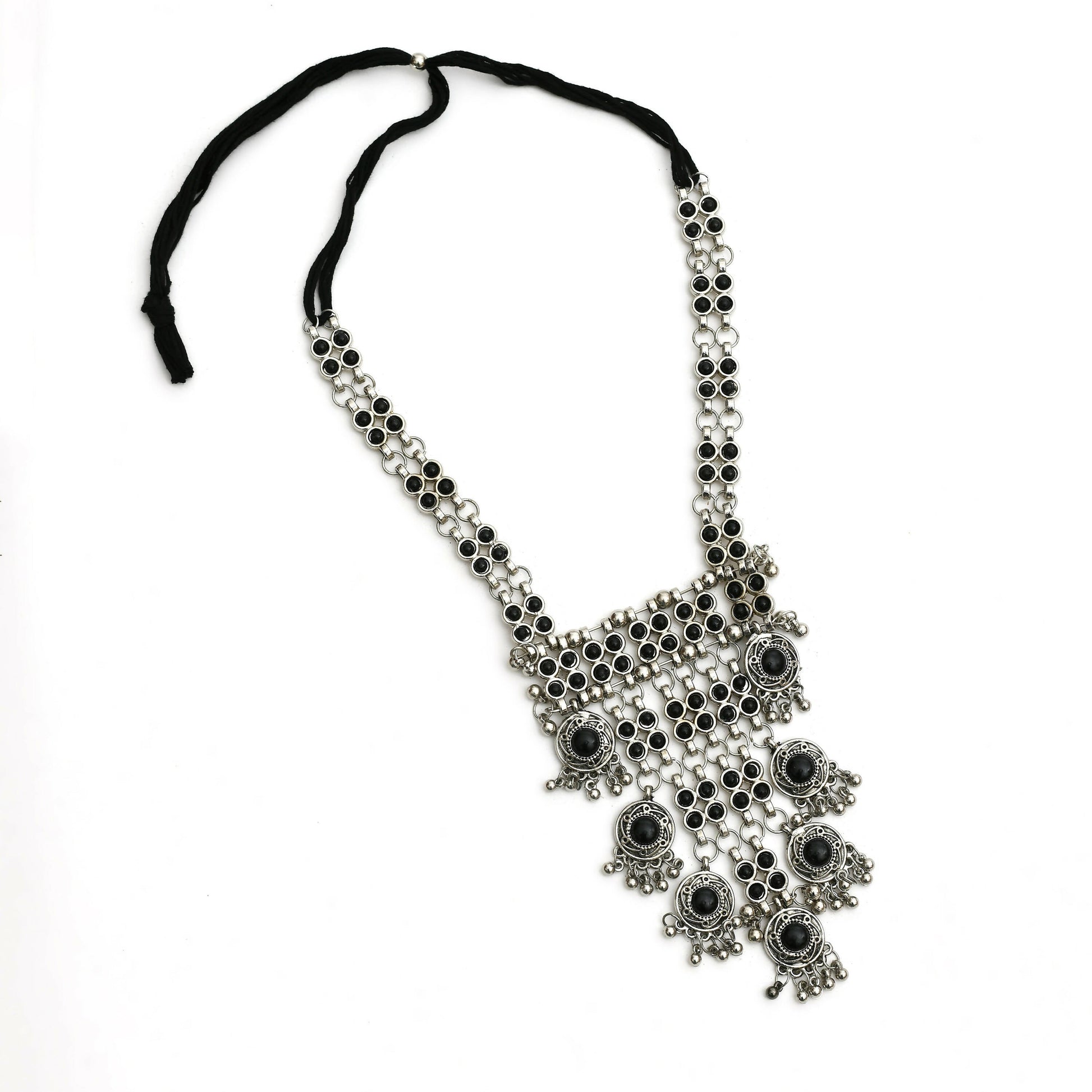 Mominos Fashion Johar Kamal Oxidised Silver-Plated Brass Finish Black Kundan Afghani Long Necklace For Women - Grab2buy