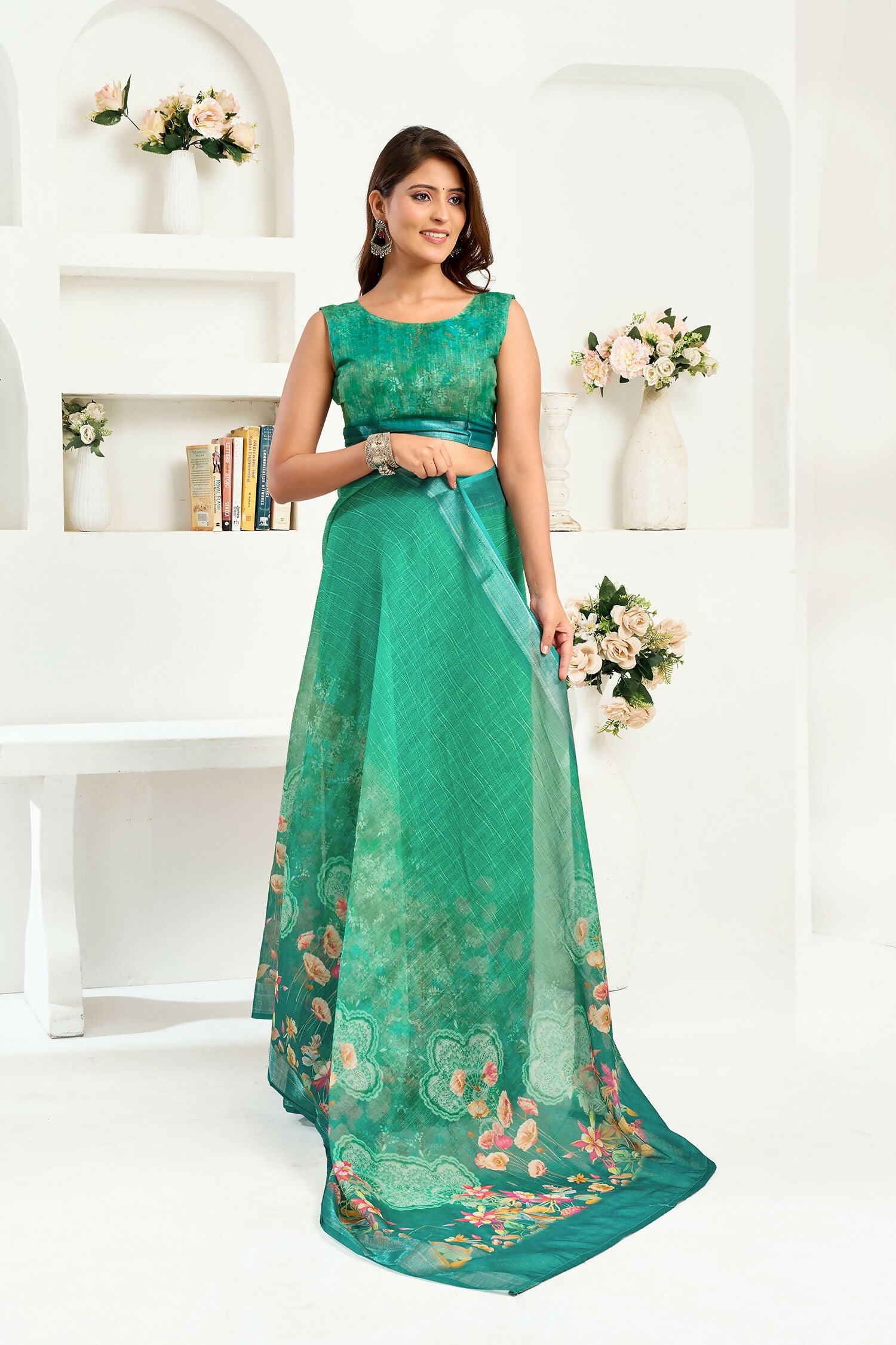Joban Fashion Rama Green Floral Linen Ready To Wear Saree With Unstitched Blouse