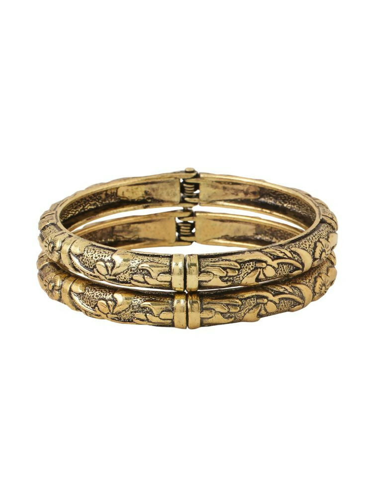 NVR Women Set of 2 Gold-Polished Floral Design Oxidised Bangles 