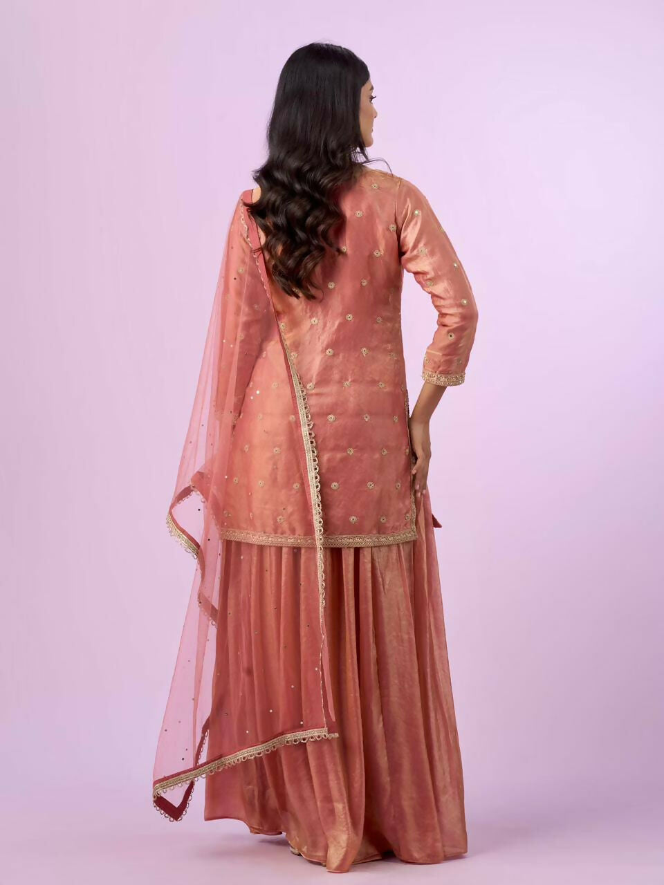 Teeya Creation New latest Trending Embroidery Siqunce And Daimond Hand Work Kurta Palazzo Set - Peach