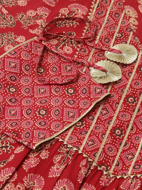 FIORRA Women's Red Cotton A-Line Kurta Set 