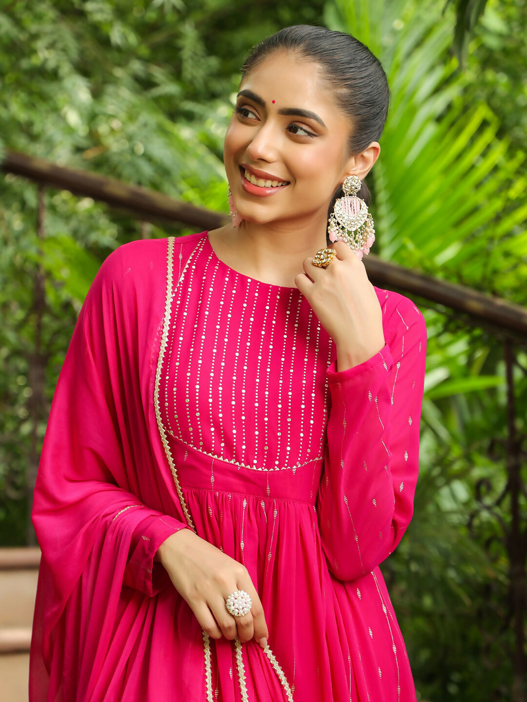 Janasya Pink Georgette Foil Print Kurta,Bottom & Dupatta 