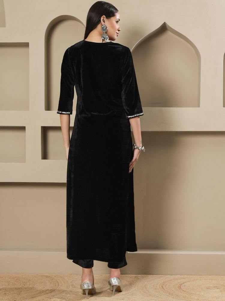 Joban Fashion Women Black Velvet Hand Embellishment Stitched Kurta Set