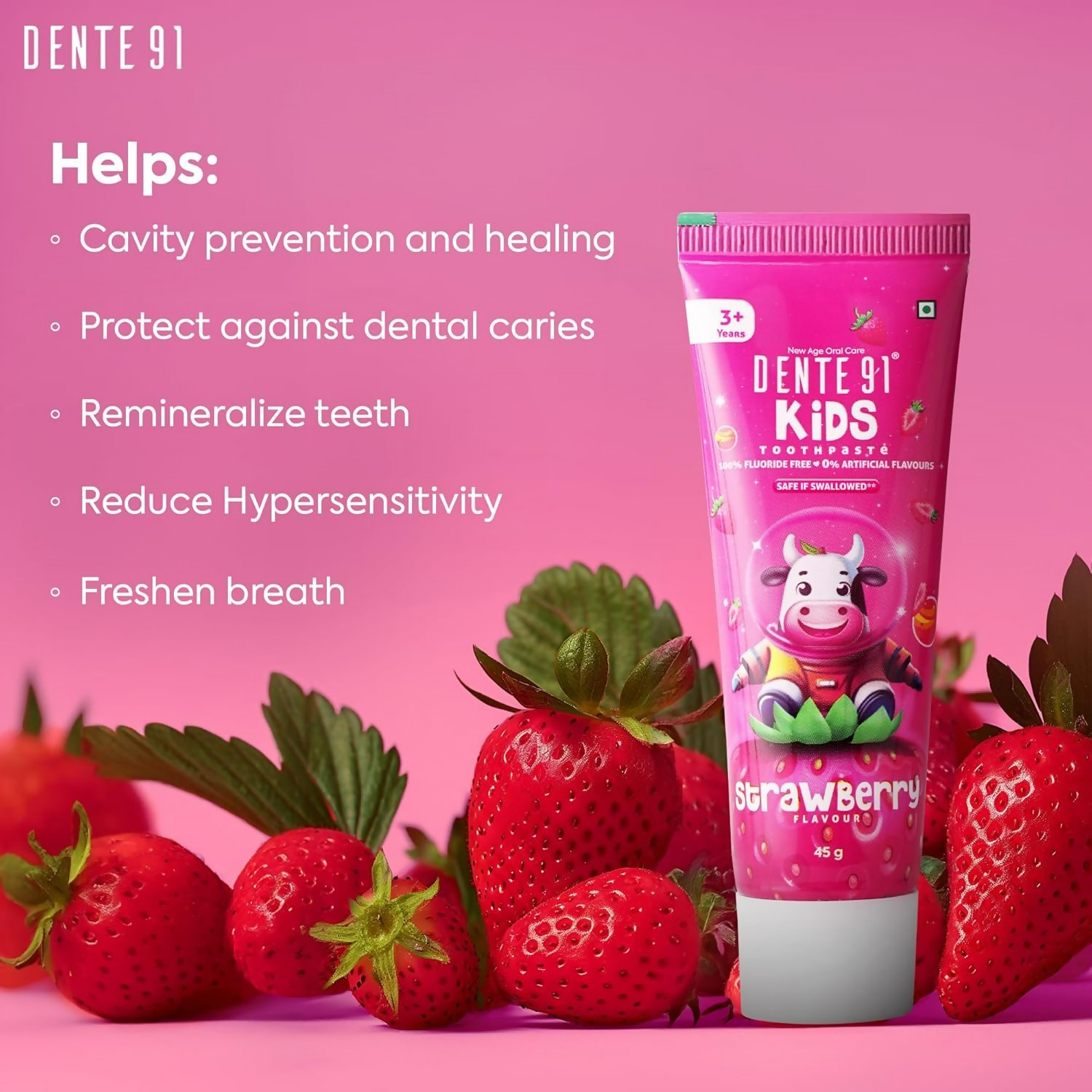 Dente91 Kids Toothpaste Protects Against Dental Caries & Hypersensitivity Fluoride Free Strawberry Flavour 