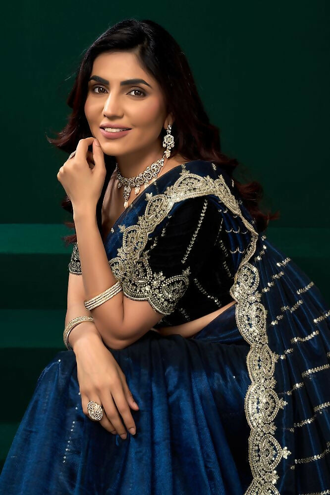 Joban Fashion Navy Blue Net Party Wear Sarees