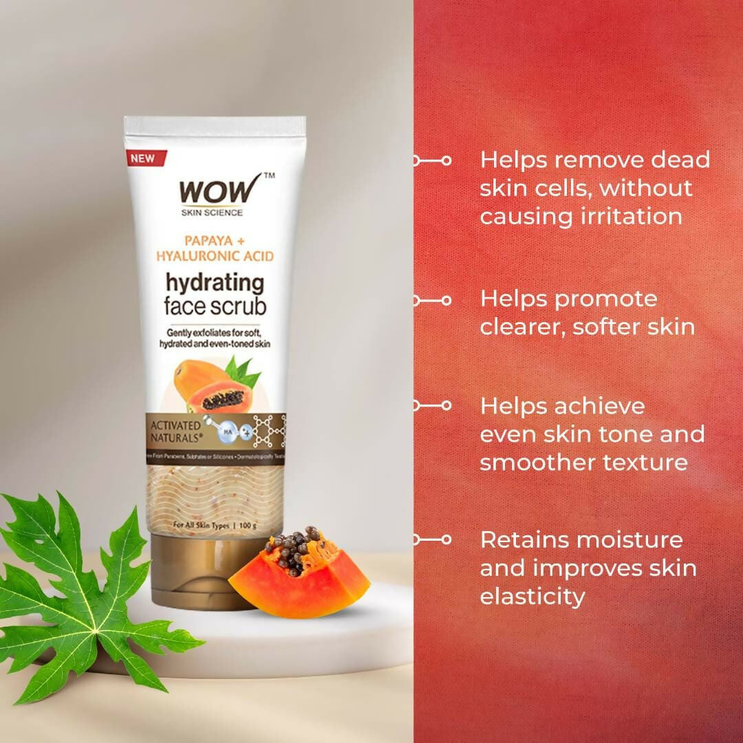 WOW Skin Science Papaya and Hyaluronic Acid Hydrating Face Scrub for Gently Exfoliates, Unclogs Pores 