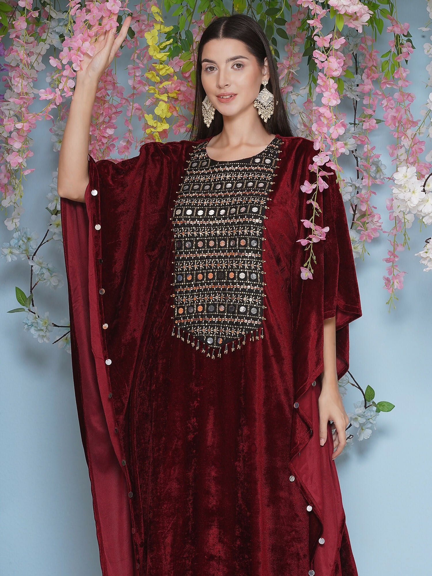 Joban Fashion Maroon Velvet Hand Embellished Kaftaan Set