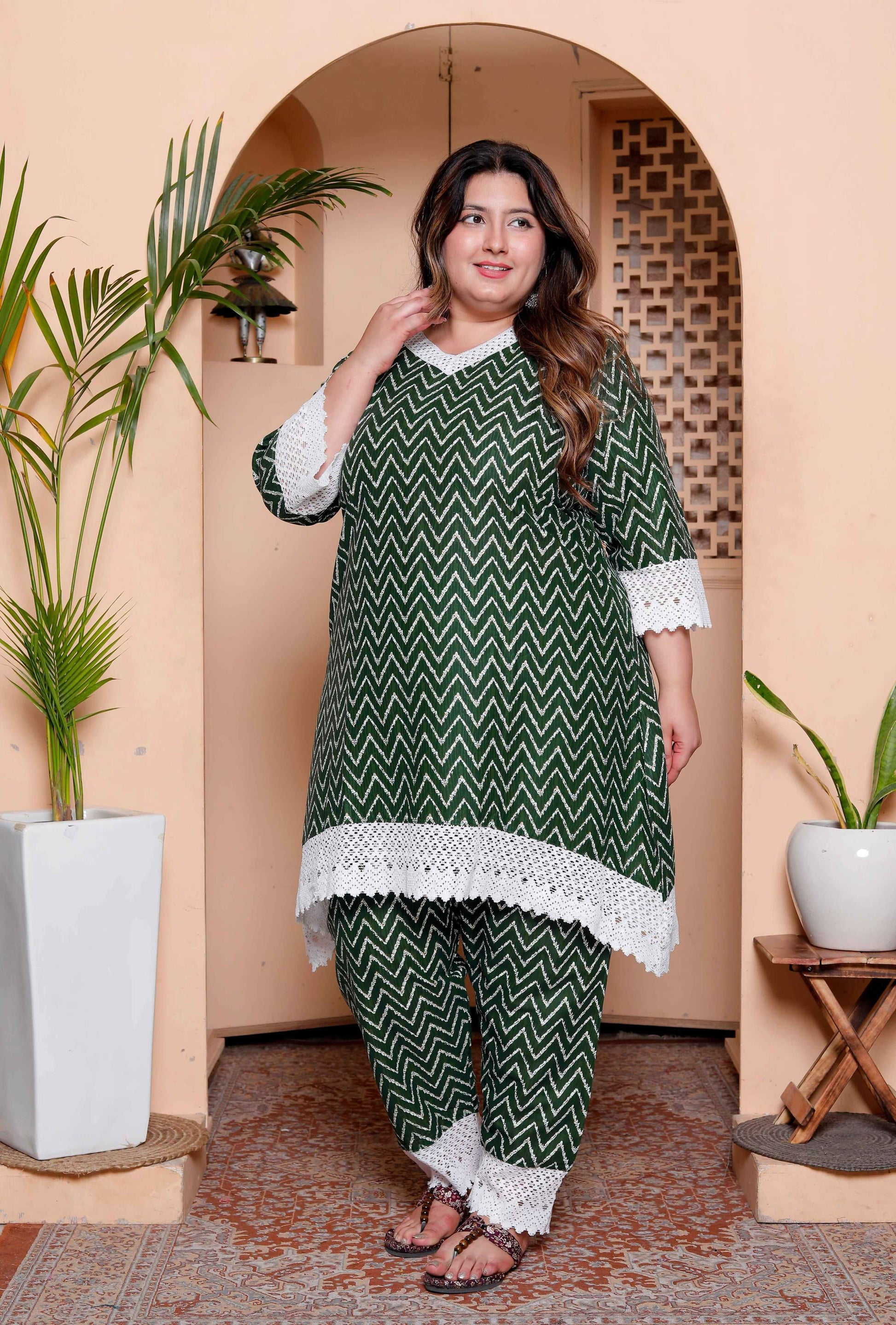 Miravan Womens Plus Size Green Rayon Zigzag Print Kurta with Palazzo set