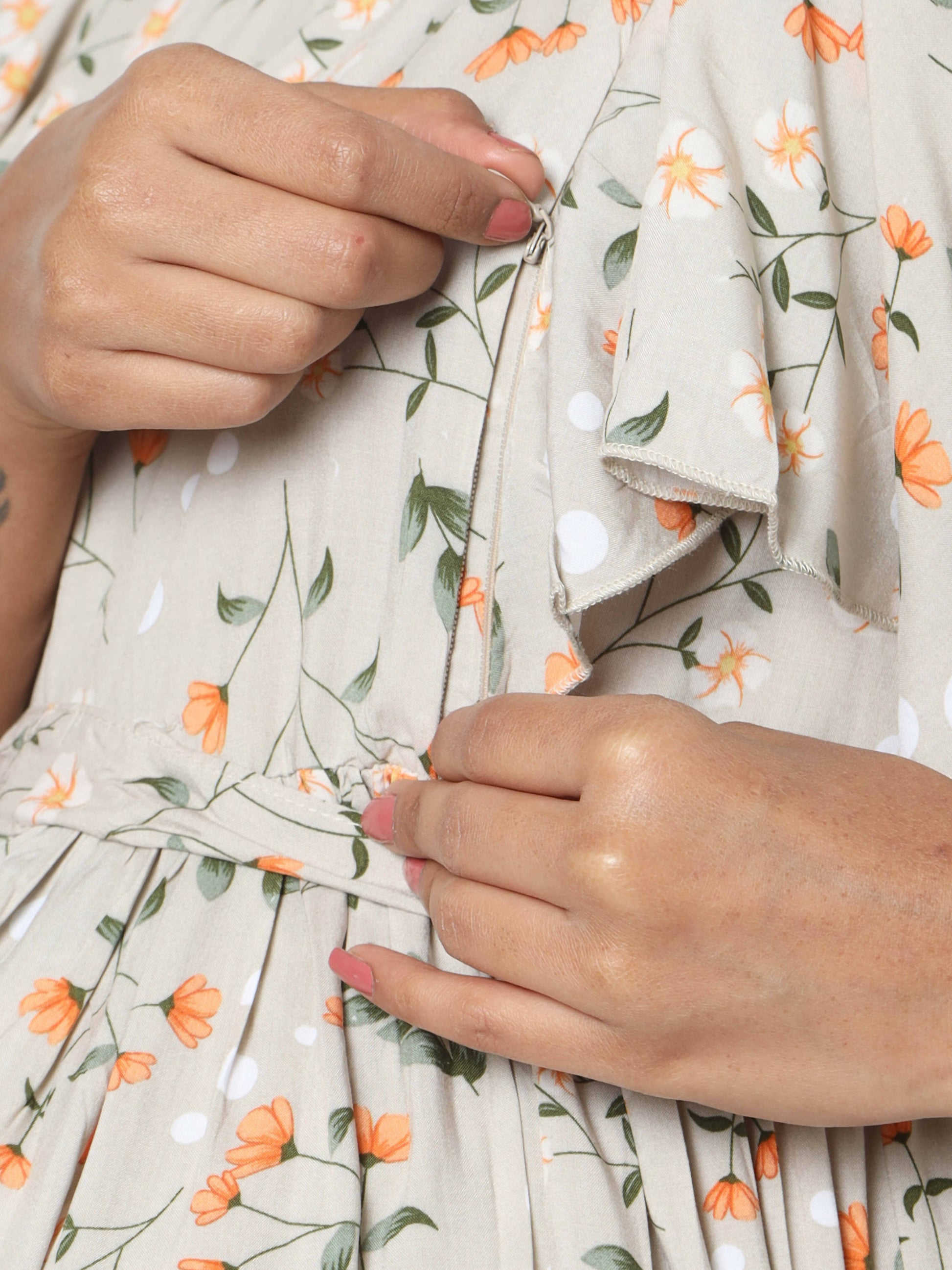 Manet Frill With Sleeves Maternity Dress Floral Print With Concealed Zipper Nursing Access - Cream