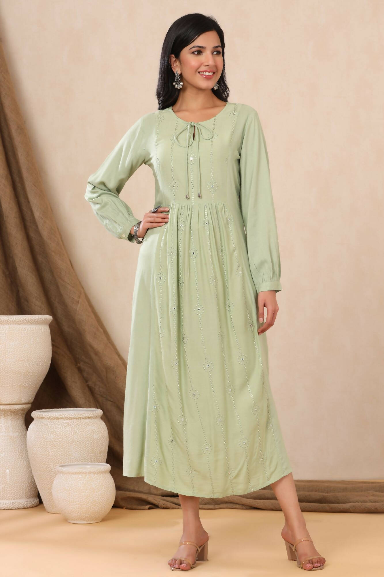 Juniper Women Lightolive Rayon Embroidered A-Line Dress