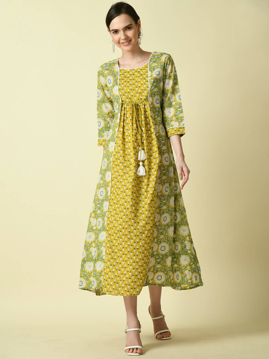 Myshka Women's Yellow Floral Printed Gown Dress