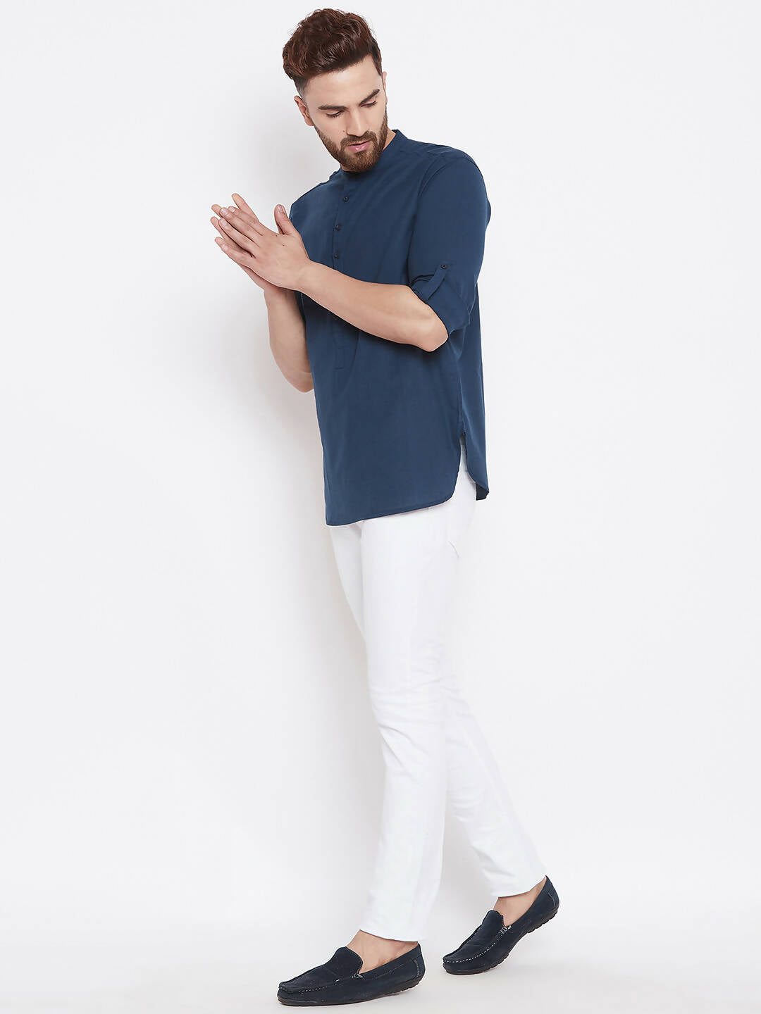 Even Apparels Blue Color Men's Pure Cotton Kurta With Band Collar 