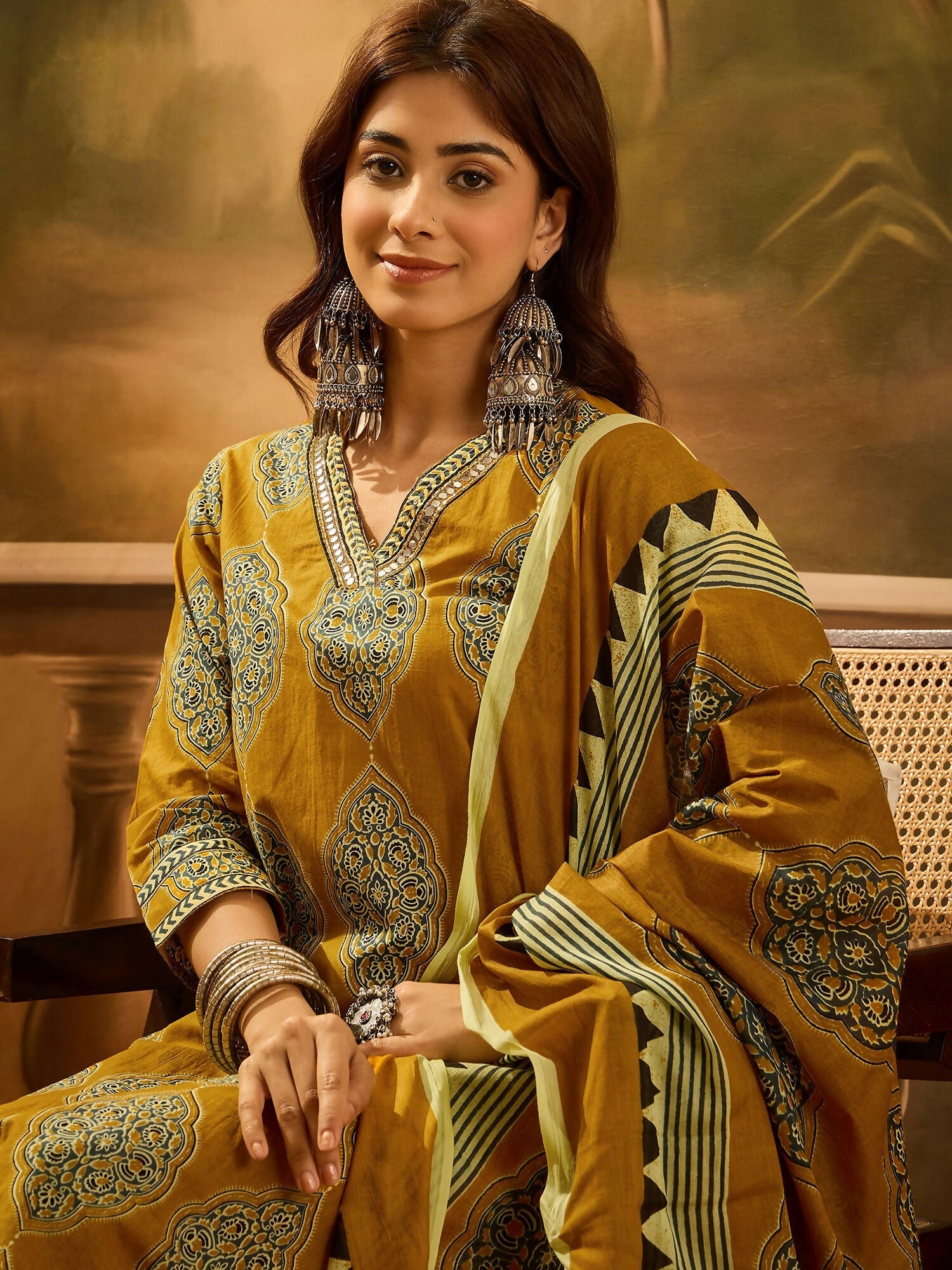 Joban Fashion Printed Mustard Pure Cotton Kurta Set