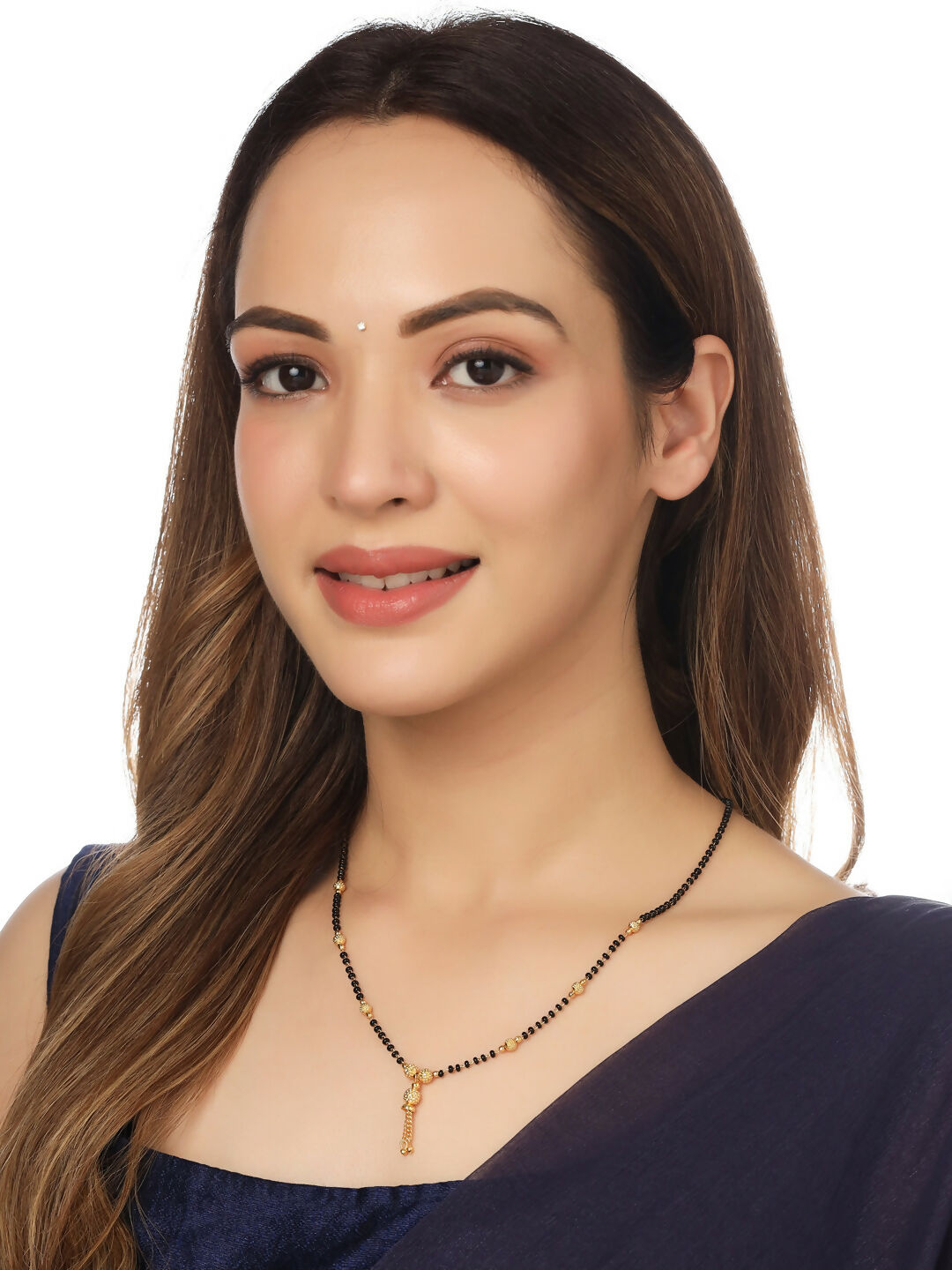NVR Women's's Set of 2 Black Gold-Polished Beaded Mangalsutra With Ad Stone 