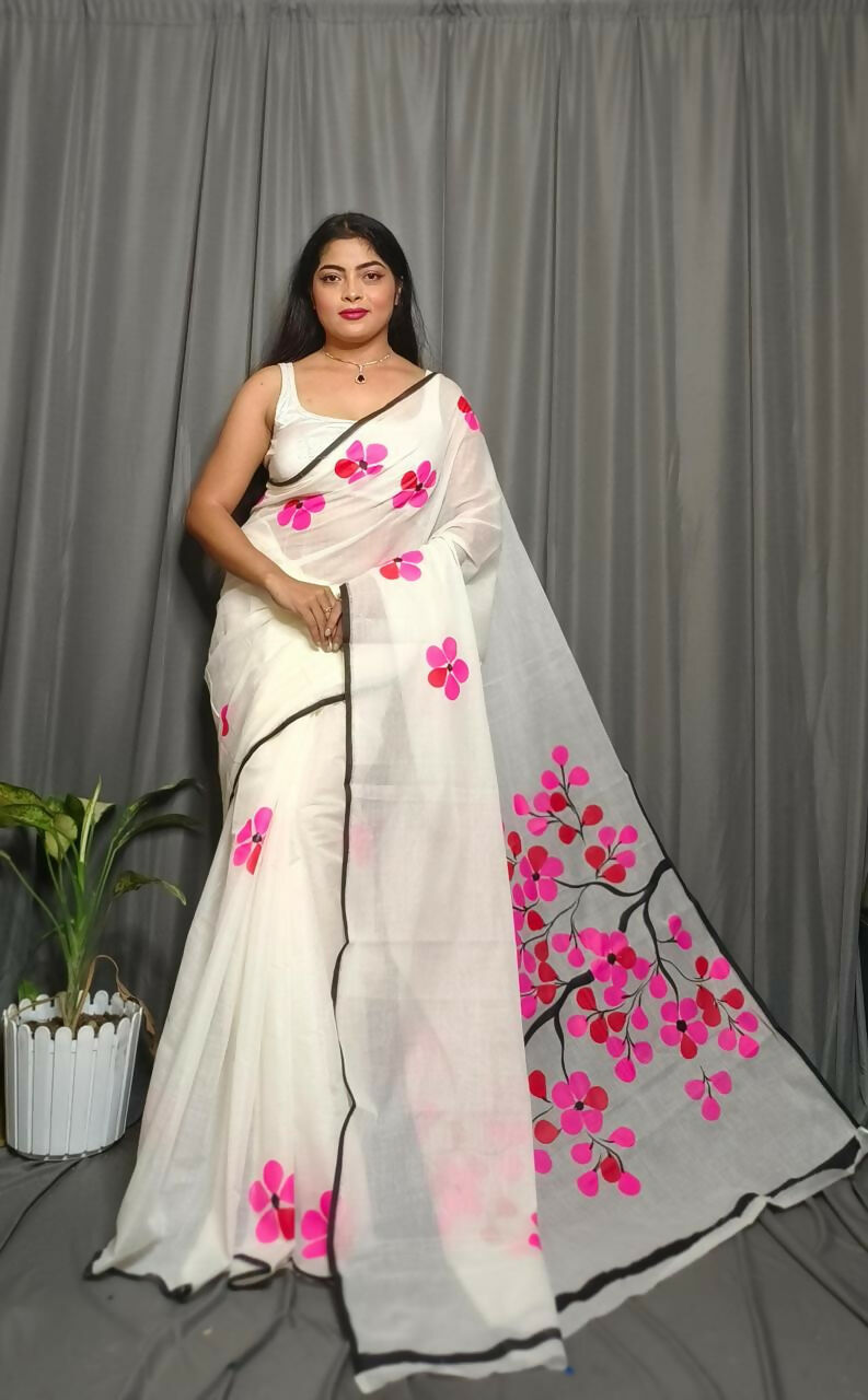 Exclusive Collection Beautiful White Pink Pure Cotton Hand Print Handloom Grab2Buy With Running Blouse Piece 