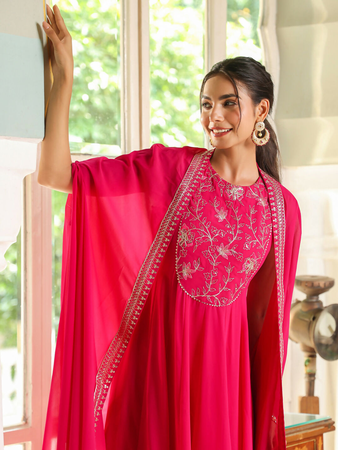 Janasya Pink Georgette Embroidered Dress & Cape 