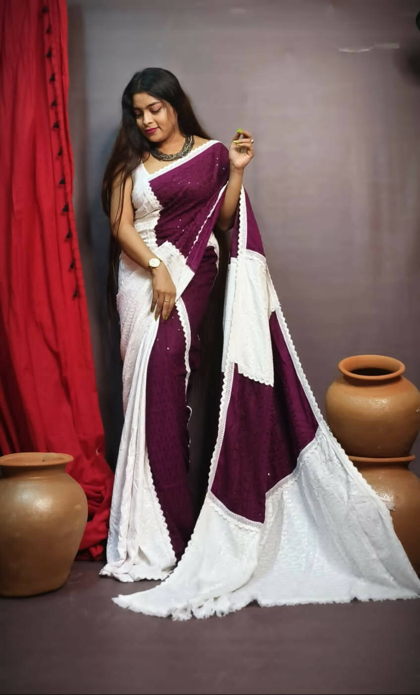 Exclusive Collection Chikankari Sequence Grab2Buy - White & Purple 