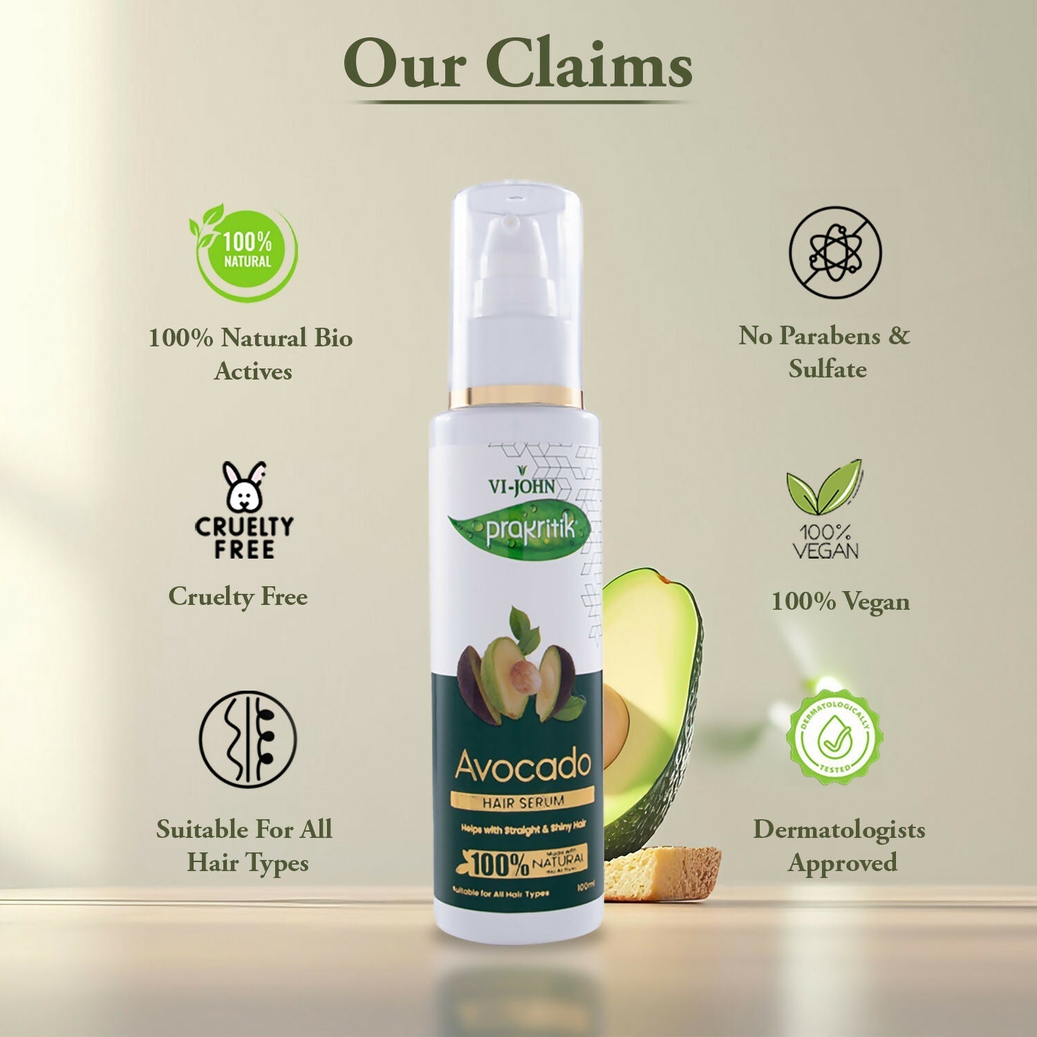 VI-JOHN Prakritik Avocado Hair serum Prevents dryness & Adds shine, 100% Natural Bio-Actives | Swadesiicart