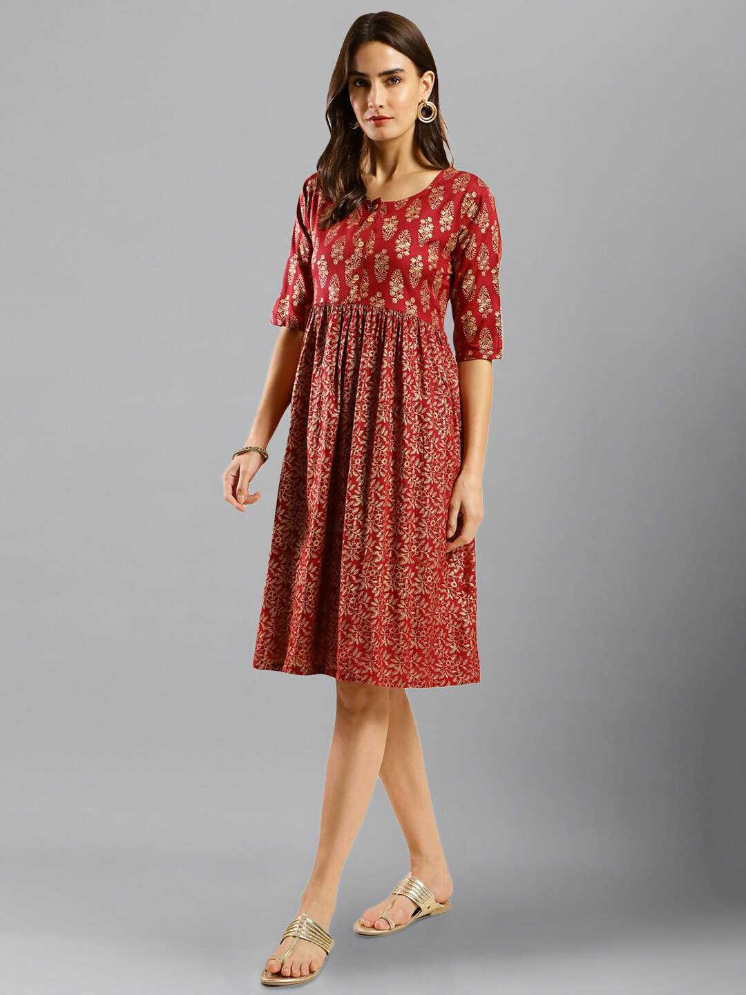Red Cotton Ethnic Motifs Aline Dress - Poonam