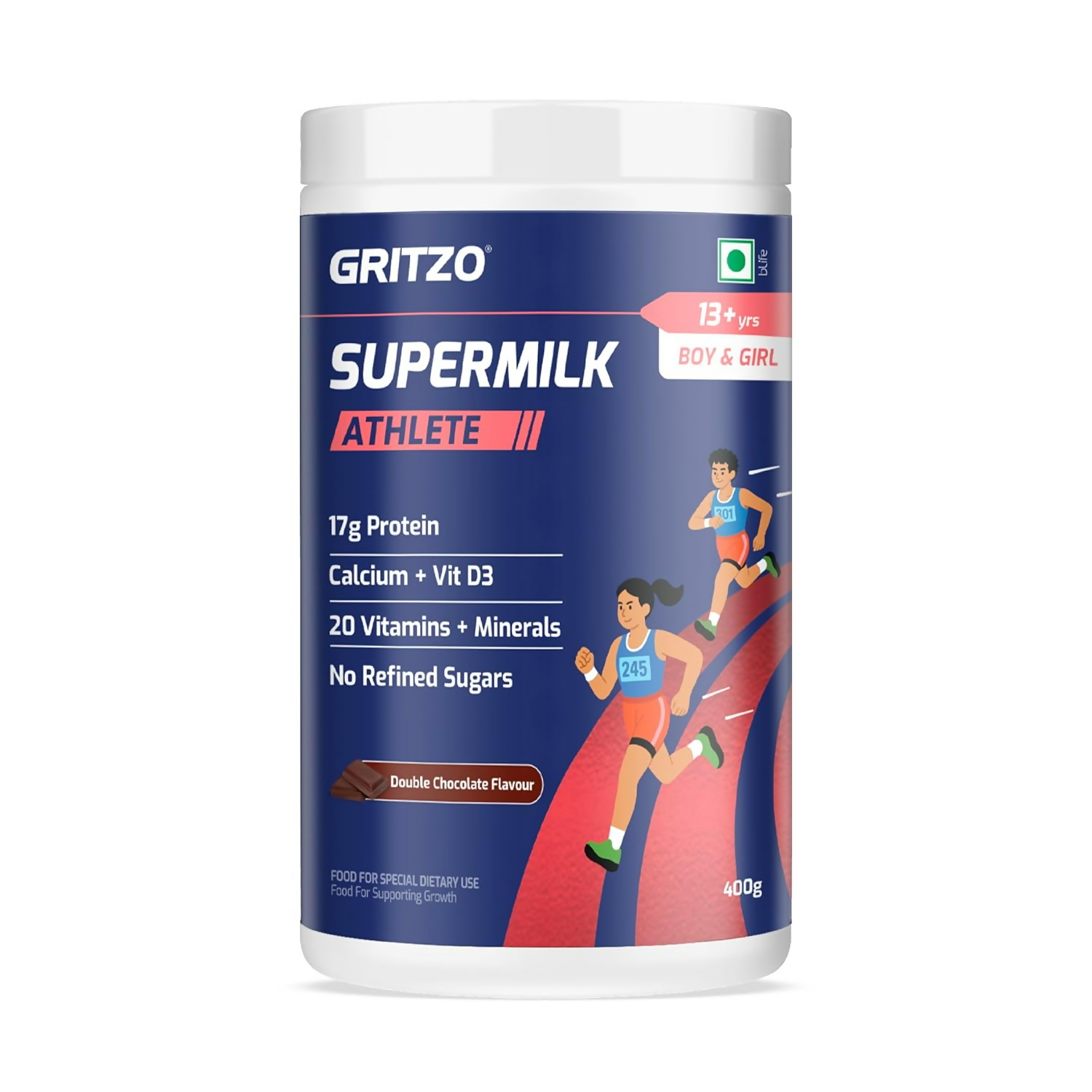 Gritzo SuperMilk Athlete (13+y Boy & Girl),17g Protein Powder - Double Chocolate
