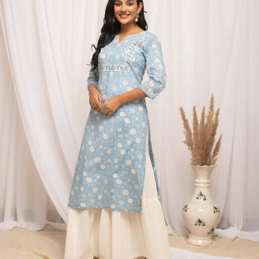 FIORRA Women's Floral Printed Sky Blue Cotton Straight Kurta 