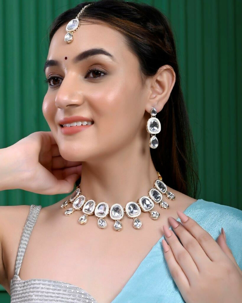 VOJ Kundan Studded Silver Plated White Color Jewellery Set with MaangTikka - Grab2buy