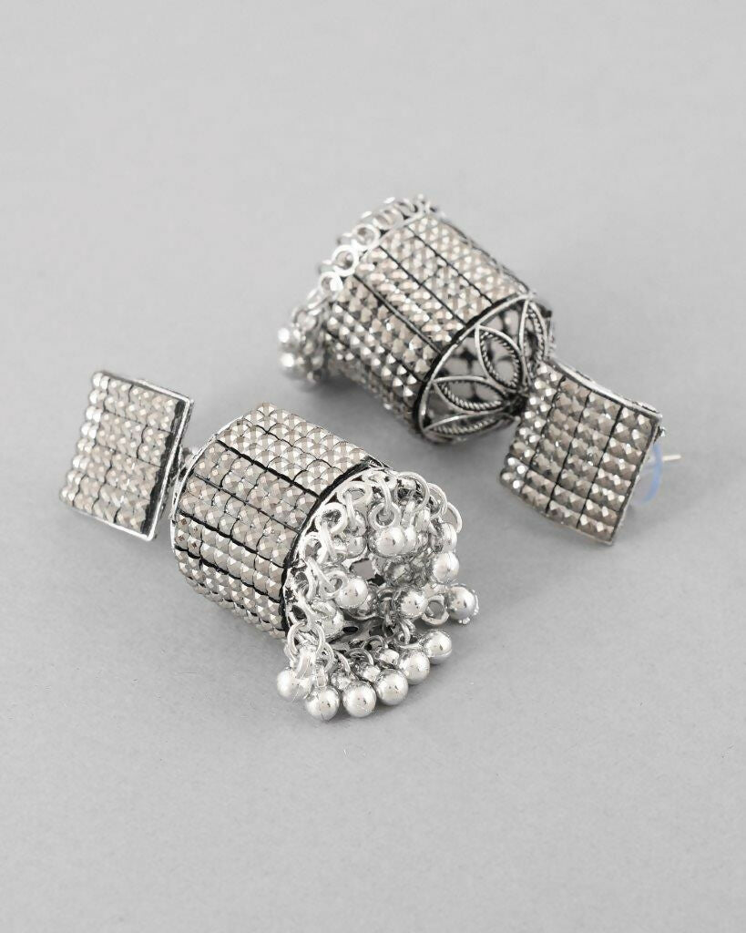 VOJ Black-Toned AD Studded Square Dome Shaped Jhumka Earrings - Grab2buy