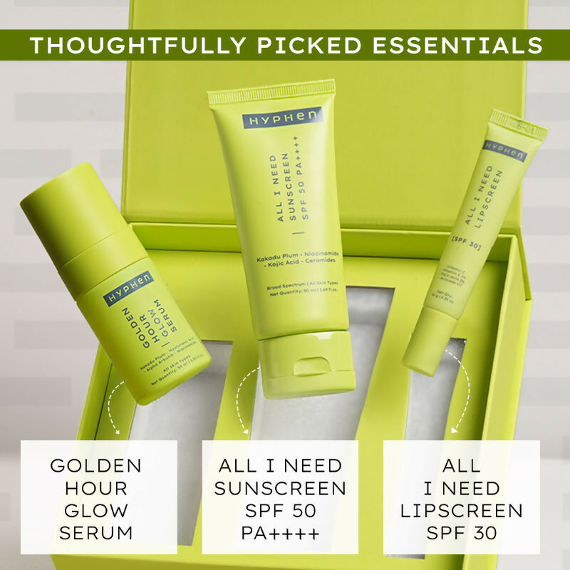 Hyphen By Kriti Sanon Daily Glow Essentials Gift Kit with Complete Skin Care Routine, with Face Serum, Moisturizing Sunscreen SPF & Lip Balm 