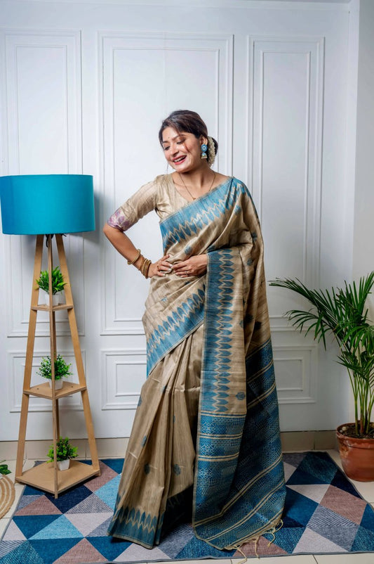 Aastha Fashion Blue Thread Woven Handloom Tussar Silk Saree with Blouse - Grab2buy
