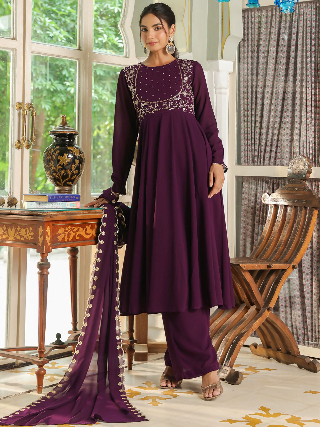 Janasya Purple Georgette Embroidered Kurta,Bottom & Dupatta 