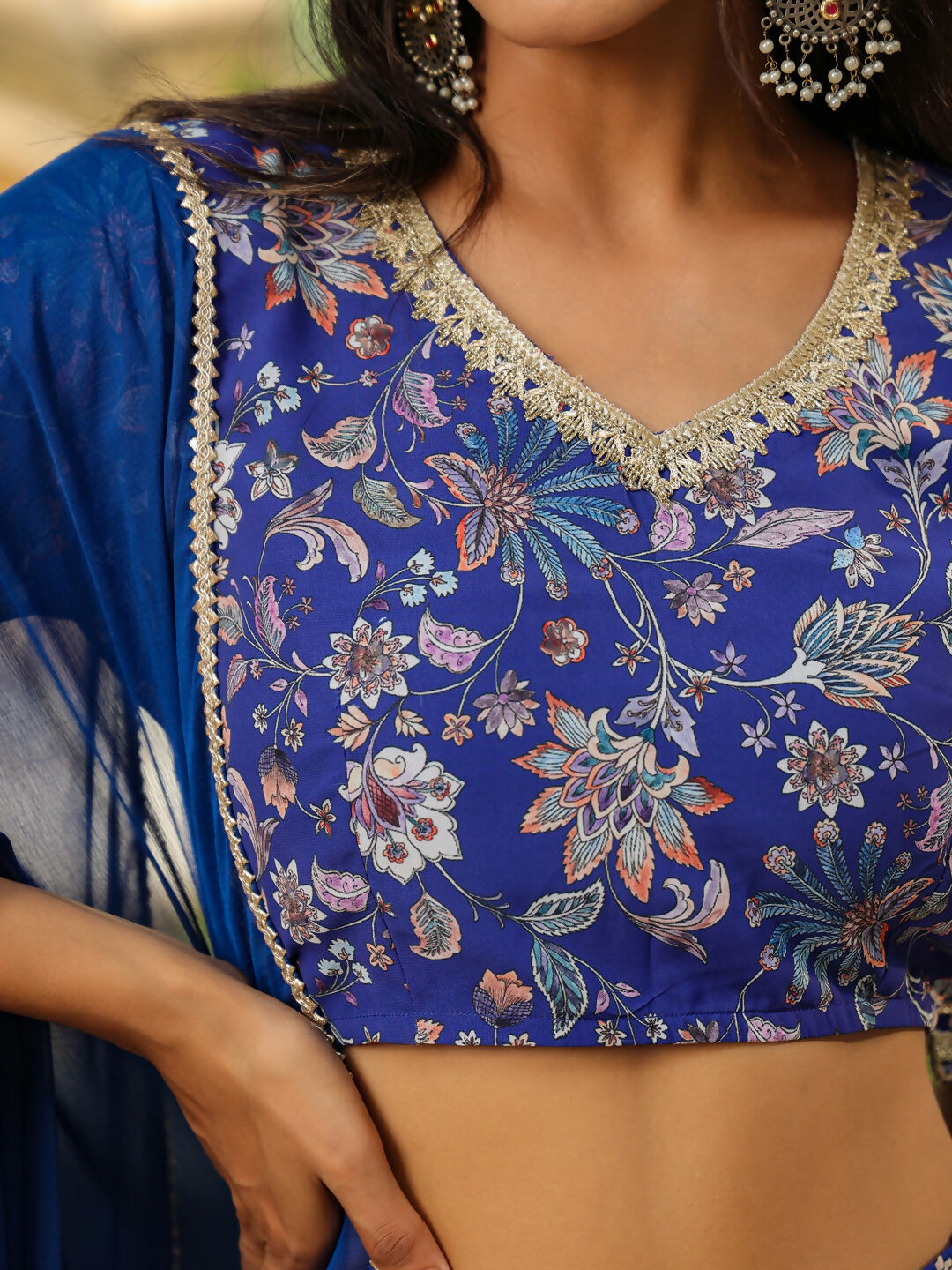 Janasya Blue Georgette Floral Lehenga Choli Dupatta 