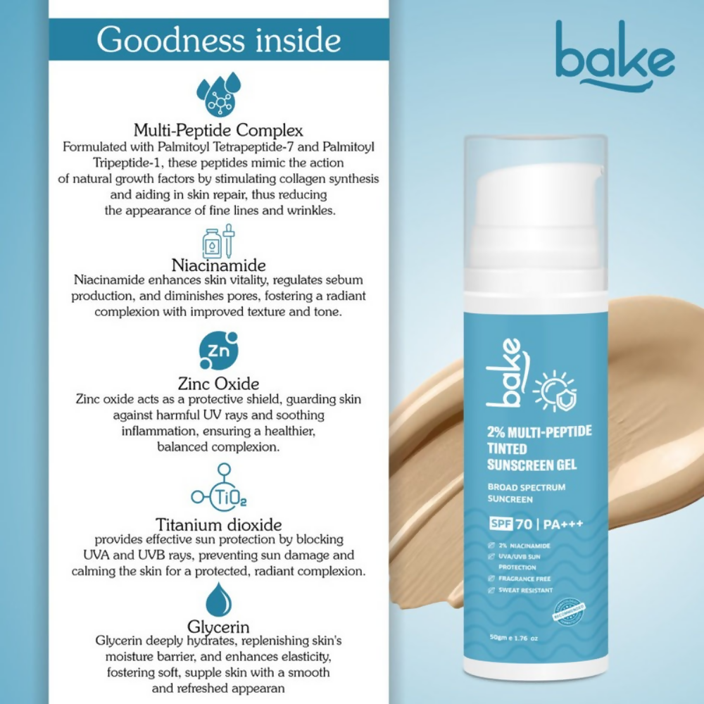 Bake 2% Multi Peptide Tinted Sunscreen Gel SPF 70 PA+++  Grab2Buy Bake Grab2Buy