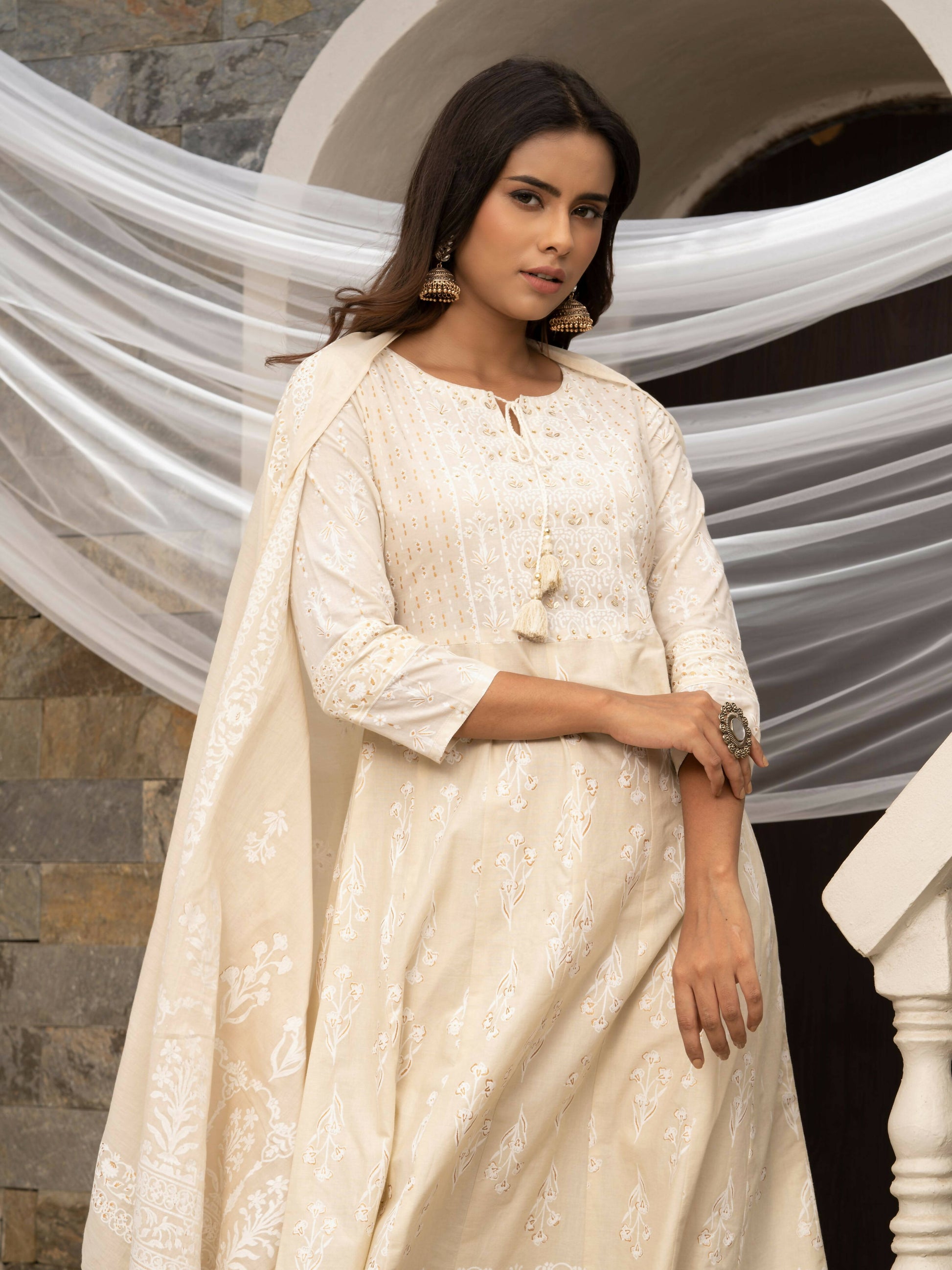 Off White Cotton Cambric Printed with Sequins work Anarkali Kurta with Pant & Dupatta - Akashara