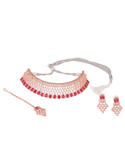 Saraf RS Jewellery Rose Gold-Plated & Red AD & CZ-Studded Contemporary Jewellery Set - Grab2buy
