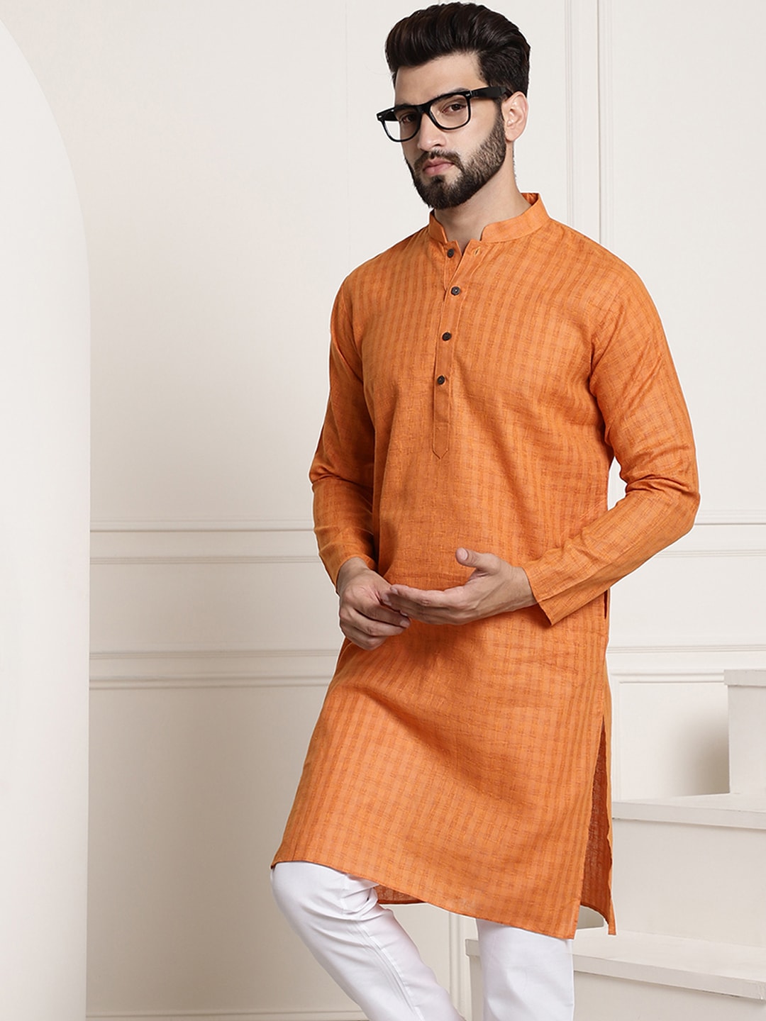 Sojanya Men Orange Dobby Self-Checked Straight Kurta 