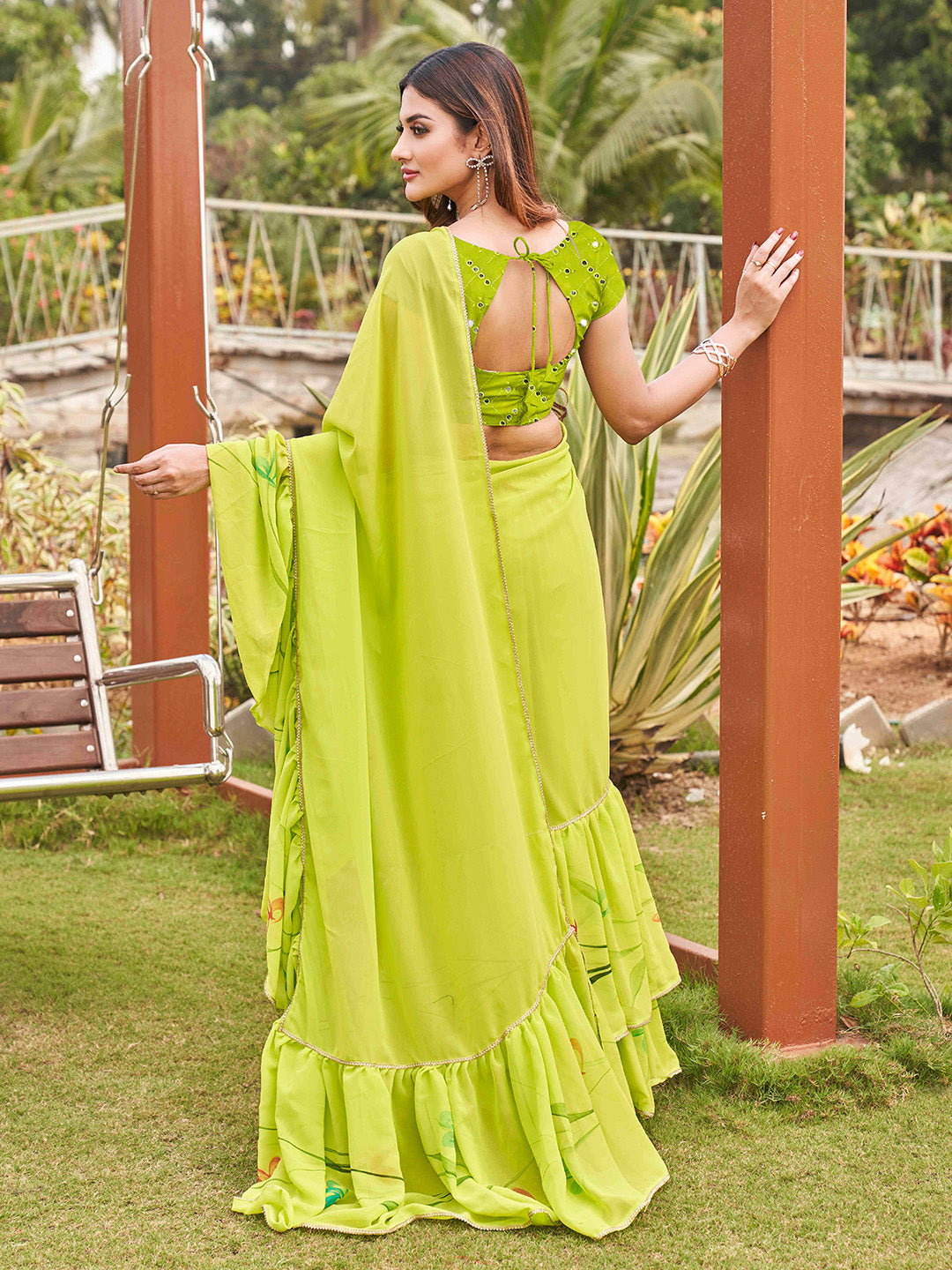 Tikhi Imli Printed Ruffle Grab2Buy With Mirror Embroidered Work Blouse 