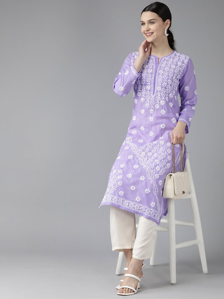 ADA Women Mauve & White Ethnic Motifs Embroidered Chikankari Kurta 