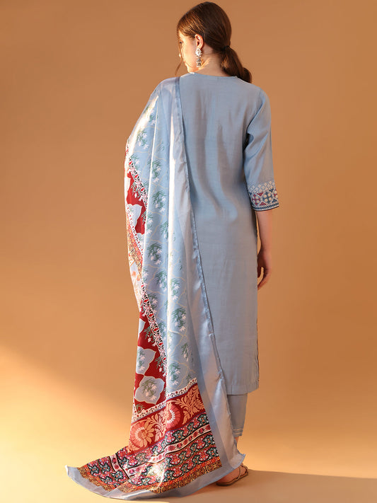 NOZ2TOZ Blue Embroidered Kurta Set with Dupatta - Graceful Sequins Design