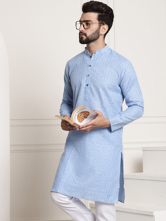 Sojanya Men Blue Dobby Self-Checked Straight Kurta 