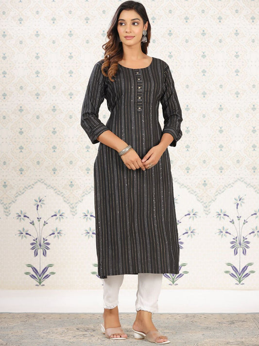 Ode by House of Pataudi Striped Round Neck Straight Cotton Kurta | Grab2Buy